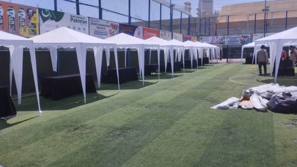 White commercial canopy prepared for an outdoor event in the UAE